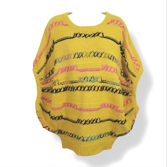 NEW Easel Whip Stitch Batwing Poncho Soft Sweater in Yellow Combo Size S/M - Picture 4 of 14